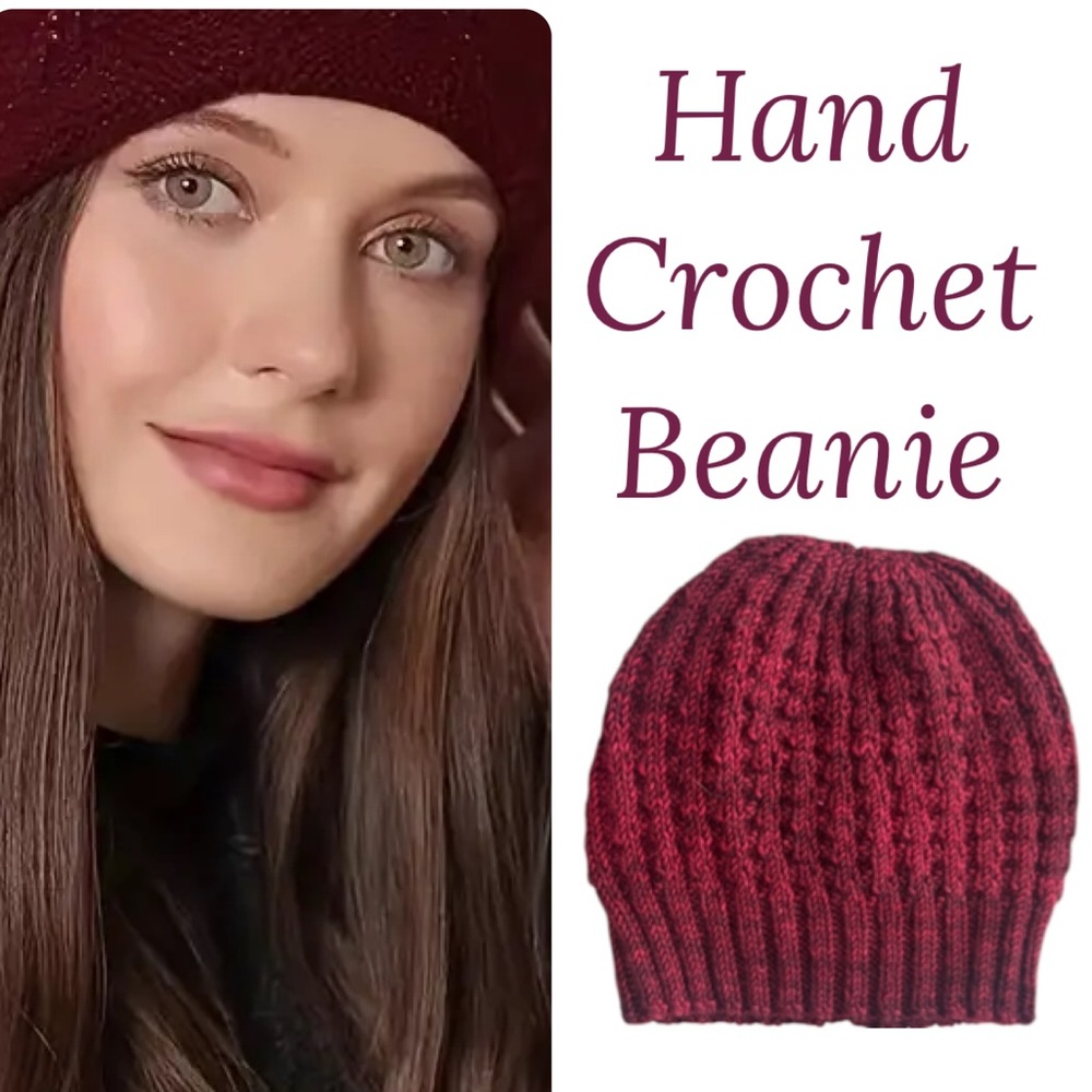 Handmade Crochet Beanie Cozy Winter Textured Sweater Knit Maroon Red Burgundy